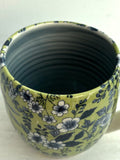Porcelain Pottery Mug Blue Flowers on Green Background/Blue Liner