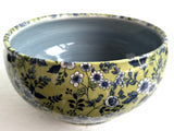 Porcelain Pottery Bowl with Blue Flowers on Green NEW