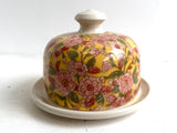 Butter Dish with Pink Flowers on Yellow Grounds