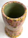 Porcelain Pottery Vase with Pink flowers on a Yellow Ground