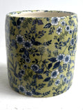 Porcelain Pottery Utensil Tub with Blue Flowers on Green field