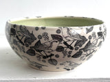 Porcelain Pottery Bowl with Black Birds and Grapes Green Liner
