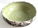 Porcelain Pottery Bowl with Black Birds and Grapes Green Liner