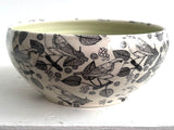 Porcelain Pottery Bowl with Black Birds and Grapes Green Liner
