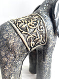 Sculpture of Baby Elephant with Carved Arabesque on Saddle in Gold and Navy
