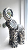 Sculpture of Baby Elephant with Carved Arabesque in Gold and Navy
