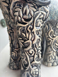 Sculpture of Baby Elephant with Carved Arabesque in Gold and Navy