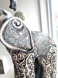 Sculpture of Baby Elephant with Carved Arabesque in Gold and Navy