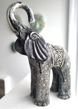 Sculpture of Baby Elephant with Carved Arabesque on Saddle in Gold and Navy