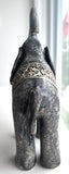 Sculpture of Baby Elephant with Carved Arabesque on Saddle in Gold and Navy