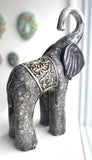 Sculpture of Baby Elephant with Carved Arabesque on Saddle in Gold and Navy