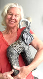 Sculpture of Baby Elephant with Carved Arabesque on Saddle in Gold and Navy