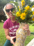 Porcelain Pottery Vase with White Flowers on a Honey Field Oversized
