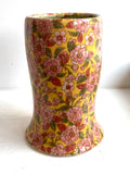Porcelain Pottery Vase with Zinnias (Pink flowers on a Yellow Ground)