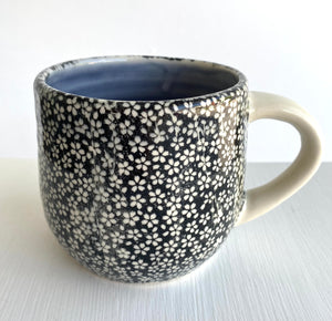Porcelain Pottery Mug White Cherry Blossoms on Black/NEW SHAPE
