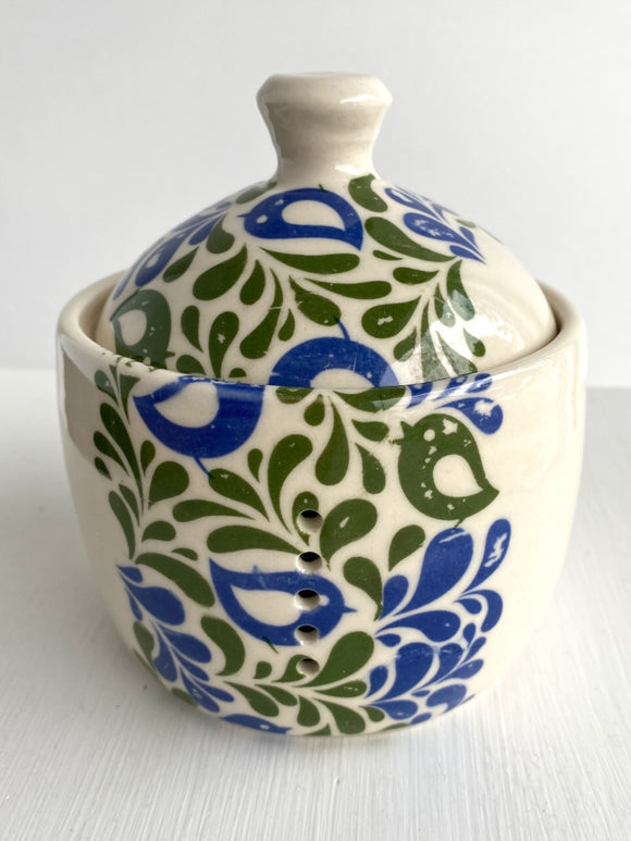 Porcelain Pottery Garlic Keeper with Partridges/Green/Blue