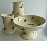 Porcelain Pottery Footed Bowl with Green and 22 Karat Gold Dragonflies