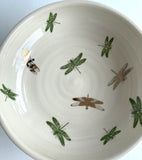 Porcelain Pottery Footed Bowl with Green and 22 Karat Gold Dragonflies