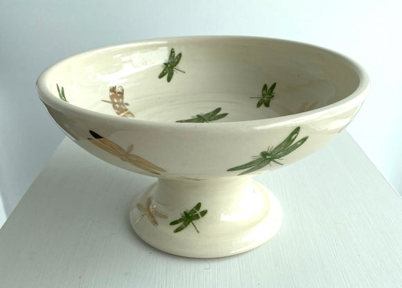 Porcelain Pottery Footed Bowl with Green and 22 Karat Gold Dragonflies
