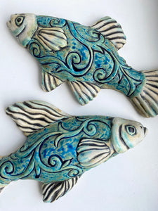 Wall Fish: "Guppy" Couple with Carved Arabesques