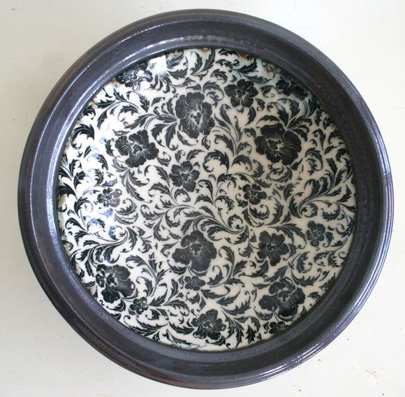 Porcelain Pottery Presentation Bowl with Black Poppies/Metal Rim/Foot