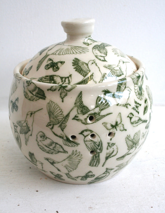 Porcelain Pottery Garlic Keeper with Birds & Butterflies