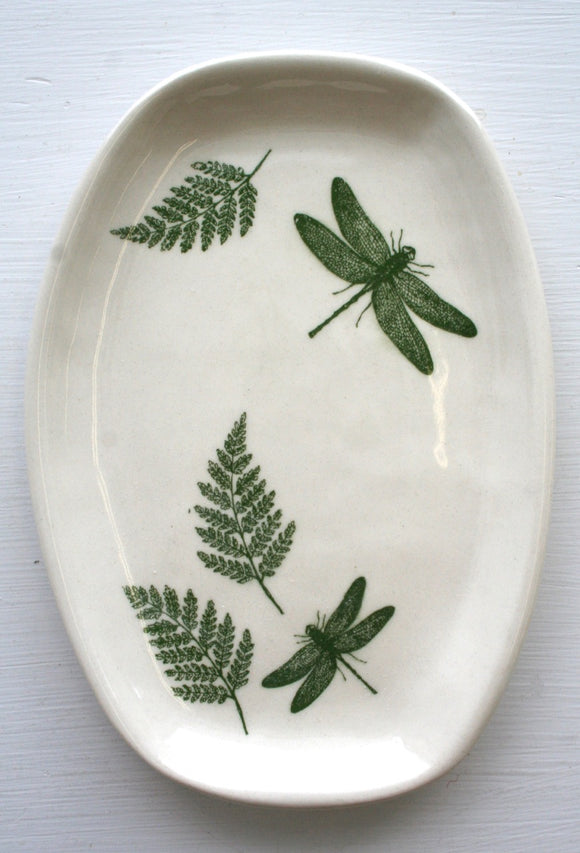 Porcelain Pottery Rectangle Dish Dragonflies and Ferns