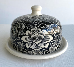 Butter Dish with Lotus Flowers on Black
