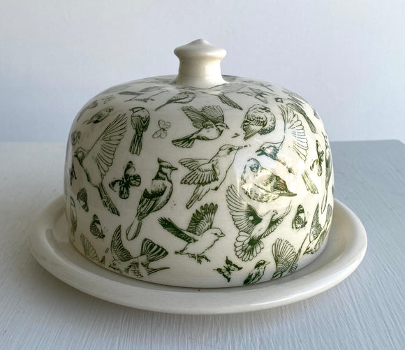 Butter Dish with Green Birds and Bees